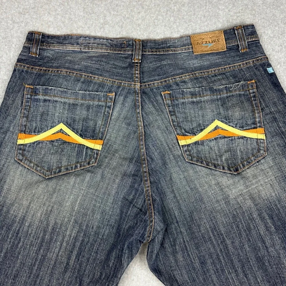 Azzure Mens Love Life Denim Shorts Dark Wash Embroidered‎ 40W Relaxed Fit Y2K